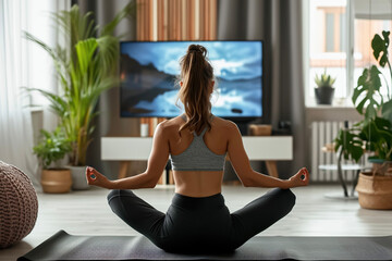 A girl doing yoga on a mat in the living room