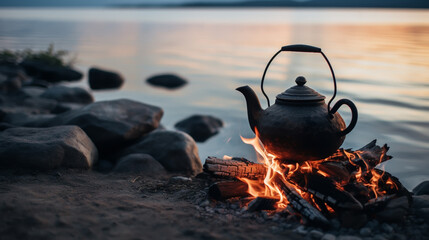 Vintage coffee pot on camping fire. Wonderful evening atmospheric background of campfire. Romantic warm place with fire. The concept of adventure, travel, tourism and camping. - obrazy, fototapety, plakaty