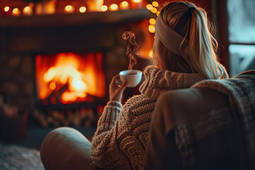 Fototapeta na wymiar girl enjoying a cup of tea in a cozy armchair by the fireplace