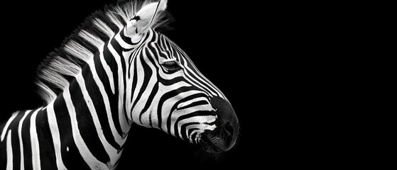a black and white photo of a zebra with its head turned to the side and it's mouth open.