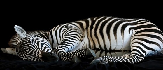 a couple of zebras laying next to each other on a black surface with their heads touching the back of each other.
