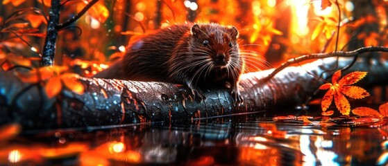 a beaver sitting on top of a tree branch next to a body of water with orange flowers in the background.
