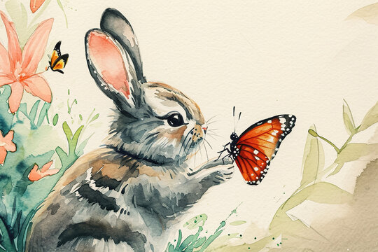A watercolor illustration of a bunny holding a butterfly, with a beautiful garden in the background