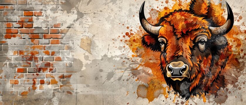 a bull painted on a brick wall with a brick wall in the background and a brick wall in the foreground.
