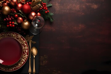 Captivating top view of a festive setting, showcasing meticulous decorations that form a visually stunning background with ample space for text.