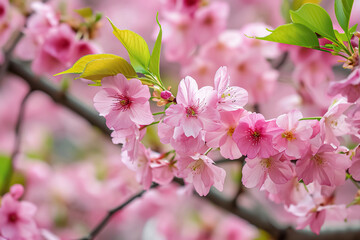 Obraz premium a cherry blossom tree with pink flowers and green leaves