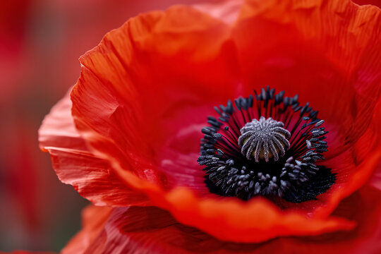 a close-up of a red poppy with a black center