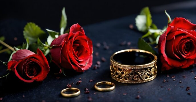 Black flowers dried, black background, red roses, two golden ring