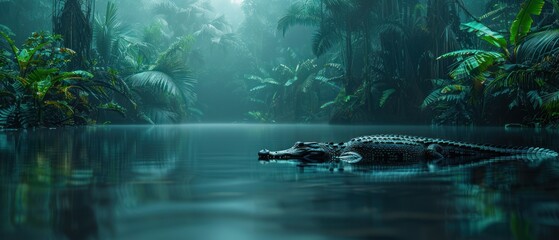 a large alligator floating on top of a body of water surrounded by lush green trees and a forest filled with palm trees. - obrazy, fototapety, plakaty