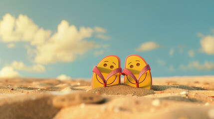 flip flops showing funny face, summer holiday concept - obrazy, fototapety, plakaty