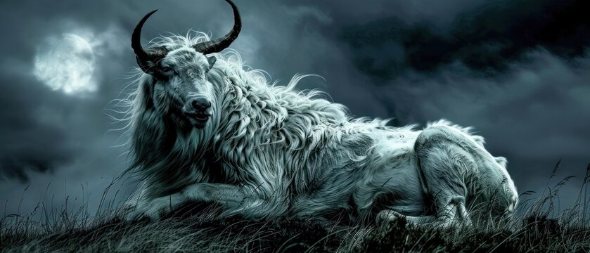 a painting of a horned animal laying down in a field with a full moon in the sky in the background.