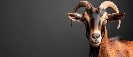a close up of a goat's head with very long horns on a gray background with a black background.