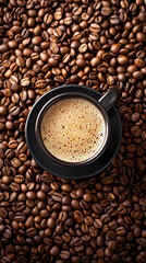 Freshly Brewed Coffee in Cup on Coffee Beans Background