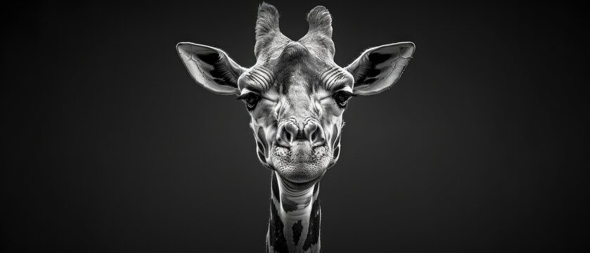a black and white photo of a giraffe's head with a very long neck and long neck.
