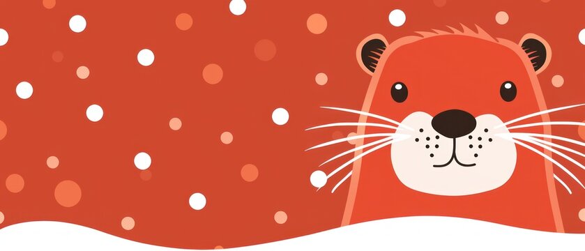 a red background with a picture of a beaver in the snow with snowflakes on it's face.