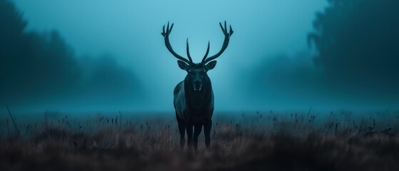 a deer standing in the middle of a field with tall grass in the foreground and a foggy sky in the background. - obrazy, fototapety, plakaty
