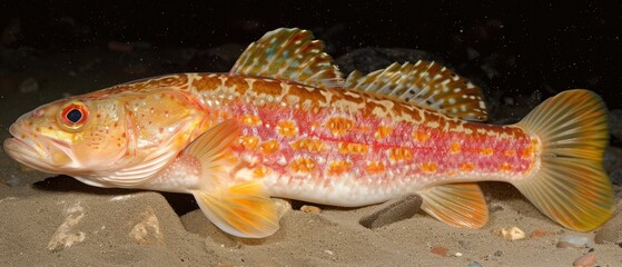 a close up of a fish on a body of water with sand in the foreground and rocks in the background.
