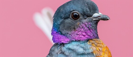a close up of a multicolored bird with a pink back ground and a white wing in the background.