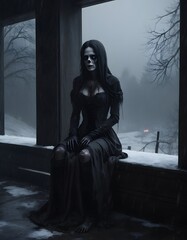 A ghostly figure sits solemnly on a porch, her skeletal features stark against the foggy backdrop. The gloomy atmosphere amplifies the haunting presence of the apparition.