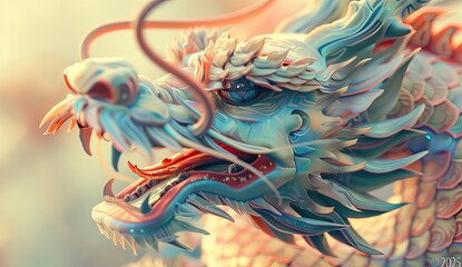golden chinese dragon, in the mountain valley with snow, red futurist elements - obrazy, fototapety, plakaty