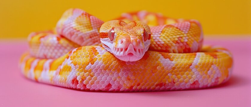 a close up of a pink and yellow snake on a pink and yellow surface with a yellow wall in the background.