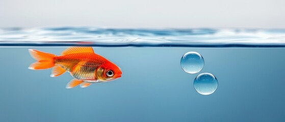 a goldfish swimming in the water next to a pair of water droplet's on the surface of the water.