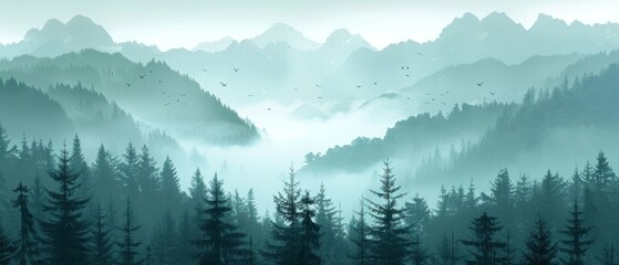 a foggy forest filled with lots of trees and birds flying over the top of the trees in the foreground. - obrazy, fototapety, plakaty