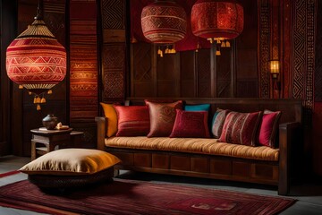 sofa in room, Immerse yourself in the rich cultural tapestry of classical traditional Arabian textile style or Moroccan African vintage embroidery art, as a stack of pillow cushions and carpets adorns