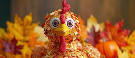 a close up of a fake chicken made out of paper mache with autumn leaves and pumpkins in the background.