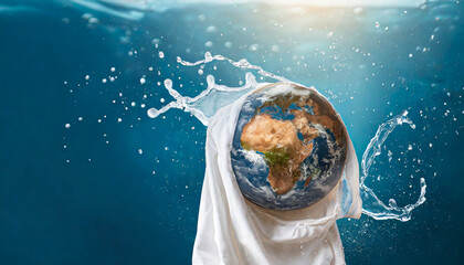 environment care, water care concept, environment day, cleaning clothes washing machine or liquid detergent commercial advertisement style with planet earth floating underwater with bubbles and wet sp