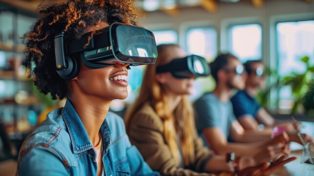 A young woman with a bright smile engages with virtual reality alongside a group, experiencing an immersive digital world.