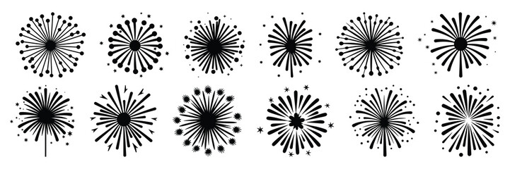 Fireworks silhouettes set, large pack of vector silhouette design, isolated white background