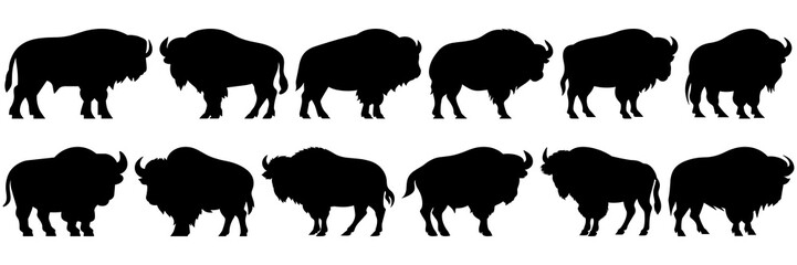 Bison buffalo silhouettes set, large pack of vector silhouette design, isolated white background
