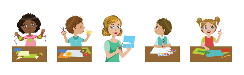 Happy Children Enjoy Craft and Artistic Hobby Vector Set