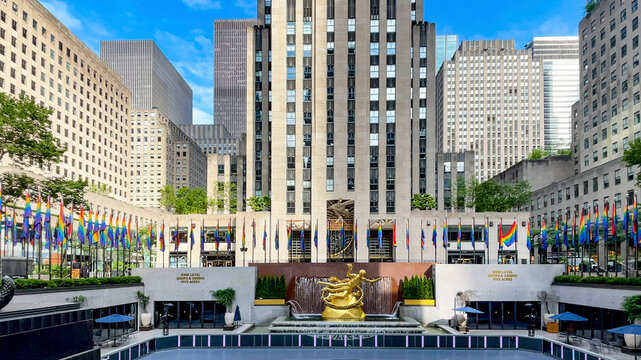 New York, USA; January 23, 2024: Entrance to the Rockefeller Center building, which is one of the largest and most famous skyscrapers in Manhattan.