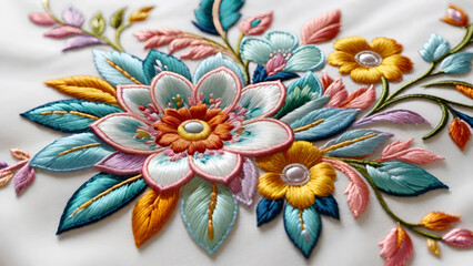 Fototapeta na wymiar Embroidery pattern with beautiful flowers. Floral ornament on white background for fashion products. Elegant design for print fabric or paper and more. Generative AI