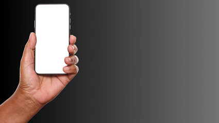 Hand holding cell phone mockup with blank screen. Smartphone mock up isolated on black bacground