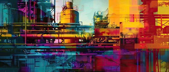 industrial illustration, industrial pipelines, light azure, amber, creations, maroon and yellow 