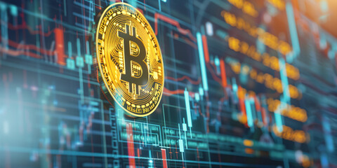 Prominent Bitcoin Emblem Shining Over a Complex Array of Financial Charts and Digital Display Panels