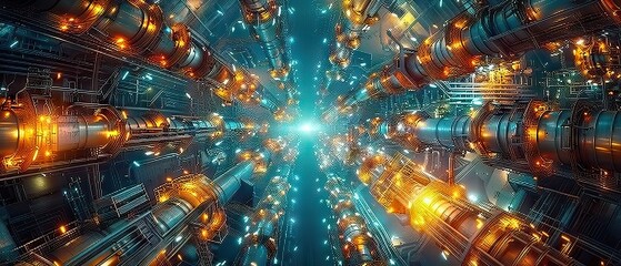 Fototapeta premium lights on the factory, industrial pipelines, light azure, amber, creations, maroon and yellow 