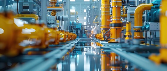 old machines in the factory, industrial pipelines, light azure, amber, creations, maroon and yellow 