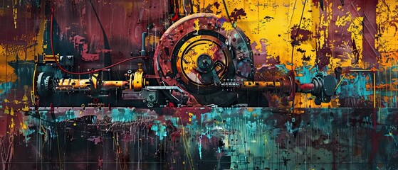 old machines in the factory, industrial pipelines, light azure, amber, creations, maroon and yellow 
