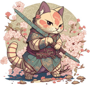 Japanese samurai cat in cute kawaii anime style with ninja sword and Japanese flowers, Japanese lettering and Japanese elements in the background
