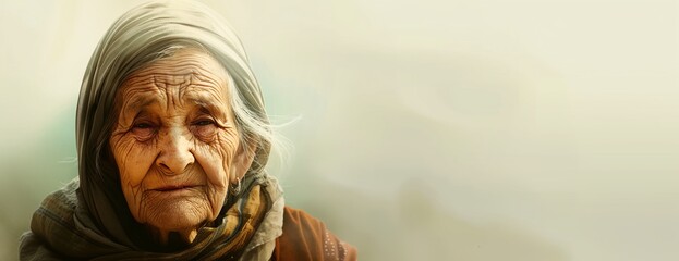 an old woman with a scarf around her neck - obrazy, fototapety, plakaty