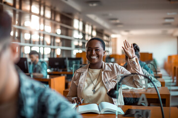 Female college student raising hand in class