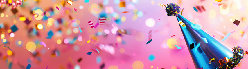 Birthday hat and confetti for a birthday party banner with copy space, created with generative AI technology