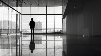 Fototapeta na wymiar Silhouette of a man in modern glass building - The silhouette of a lone man standing in a high contrast modern glass building conveys solitude and reflection