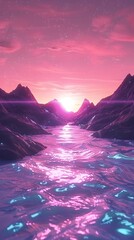 Surreal pink sunset over mountainous landscape - A captivating digital artwork showcasing a vibrant pink sky and tranquil waters between mountains