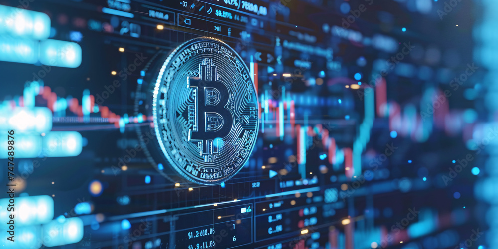 Aufkleber high-resolution bitcoin icon illuminated by digital financial analytics on multiple computer screens