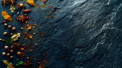Assorted spices scattered on dark stone background - An array of colorful spices and herbs creatively spread over a rugged dark stone surface - obrazy, fototapety, plakaty